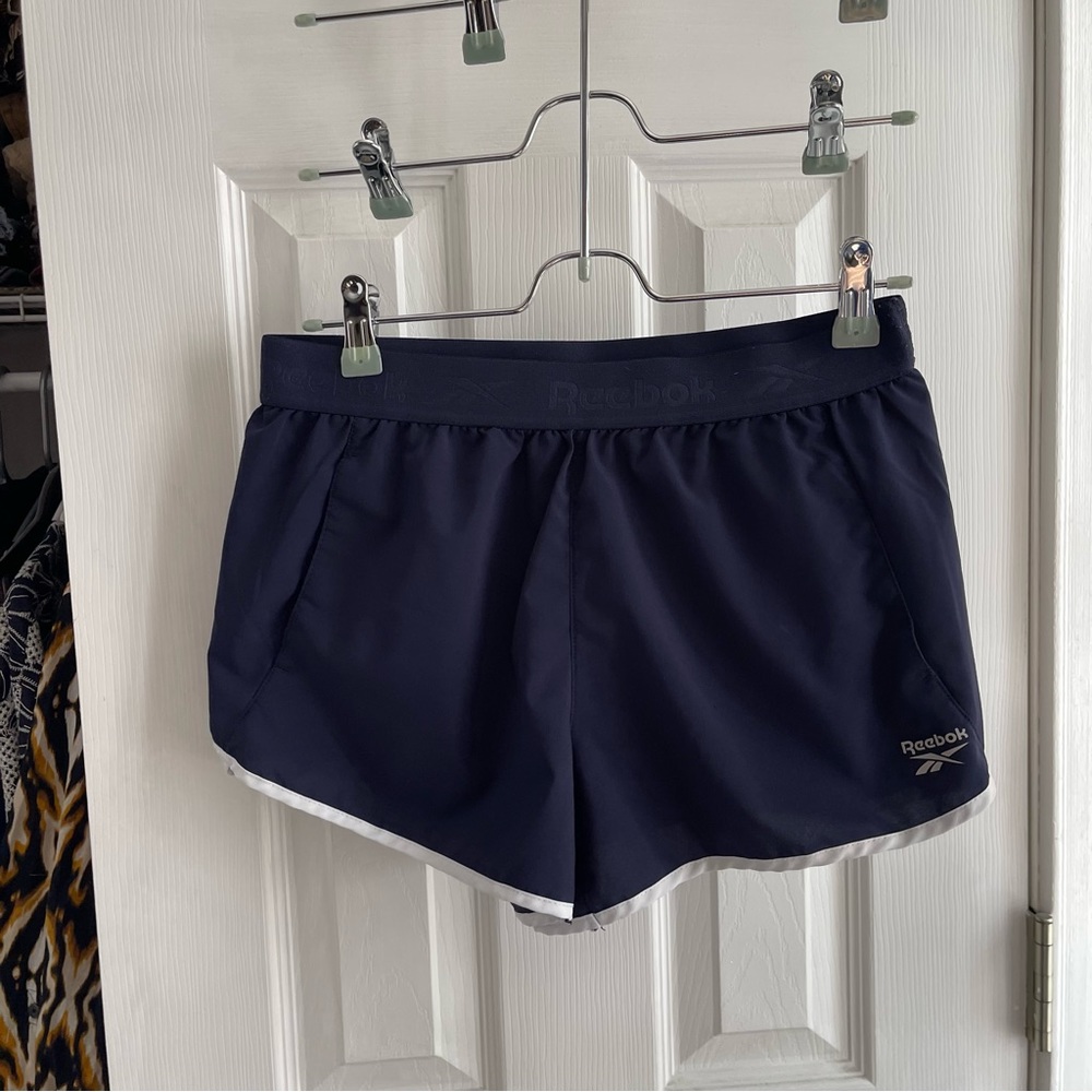 reebok navy blue and white running athletic shorts